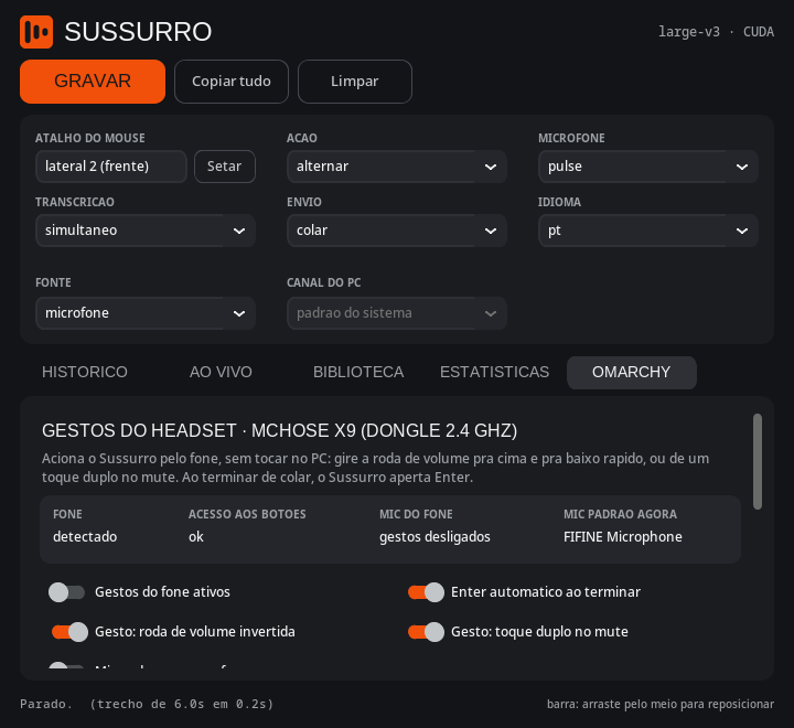 Aba Omarchy do Sussurro com os gestos do headset