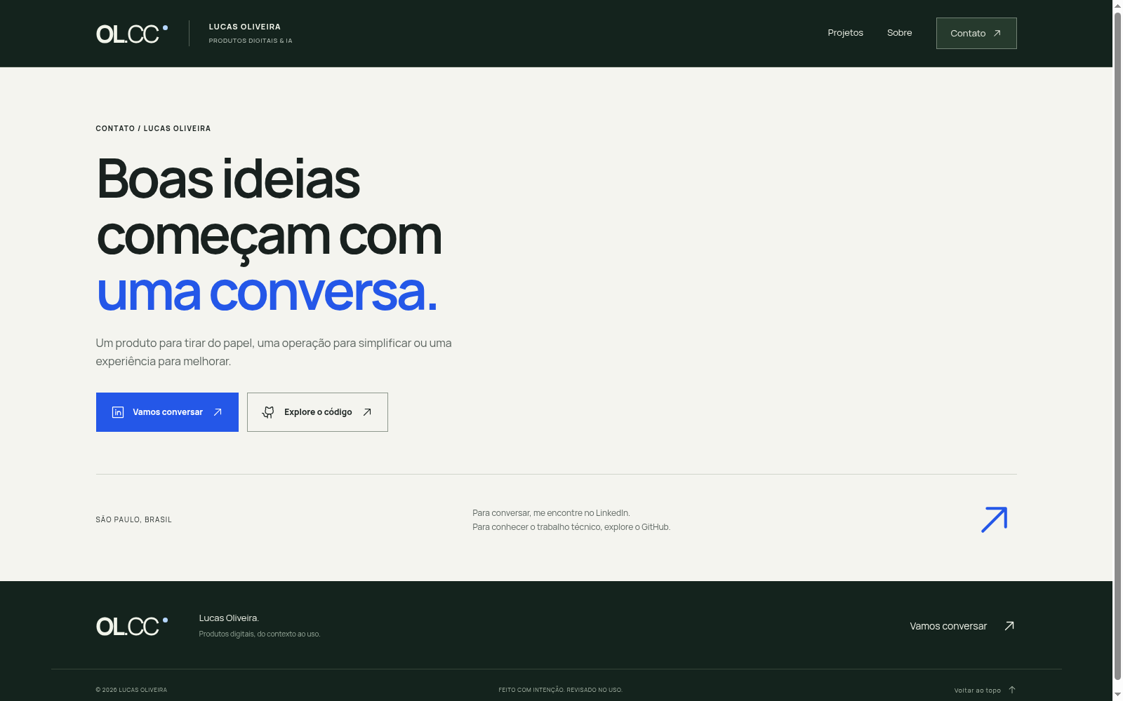 Tela de contato com botões para conversar no LinkedIn e explorar o GitHub