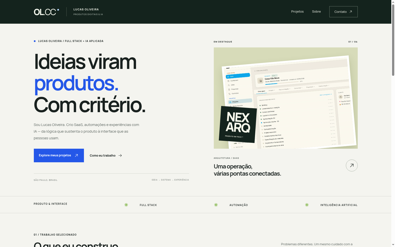 Home do novo LucasOL, com apresentação de Lucas Oliveira e imagem real do NexARQ