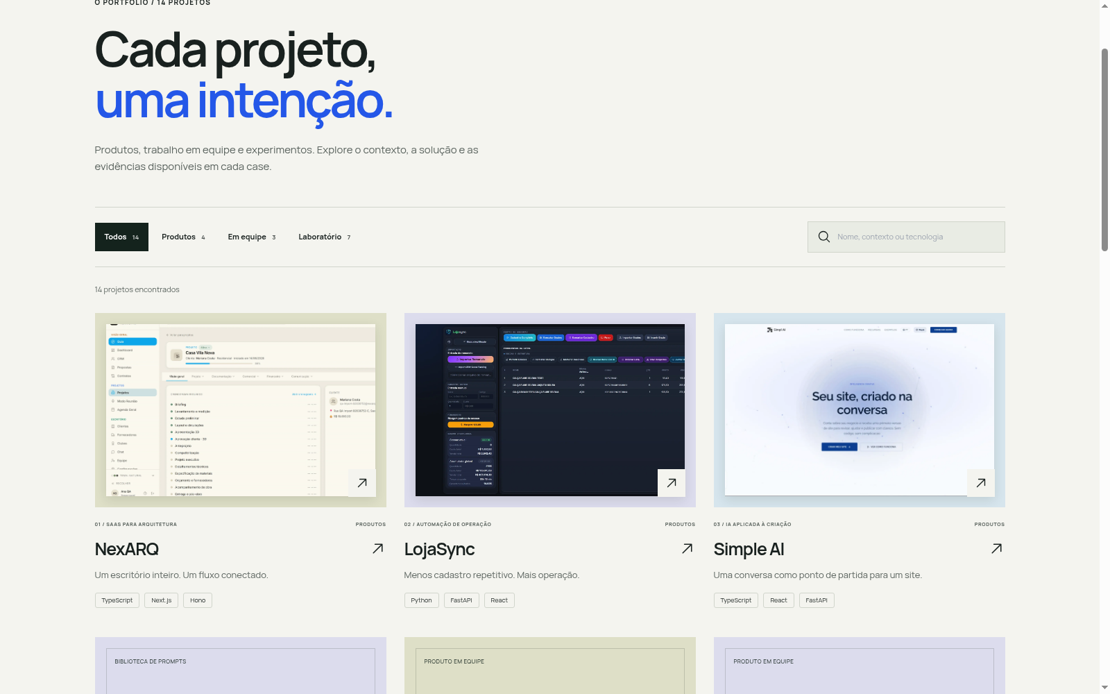 Catálogo do LucasOL com categorias, busca por nome ou tecnologia e projetos