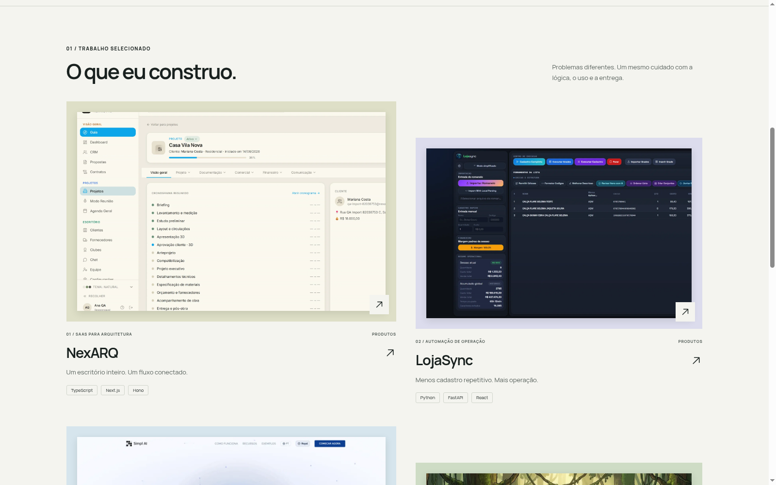 Projetos NexARQ e LojaSync em destaque, com capturas de suas interfaces