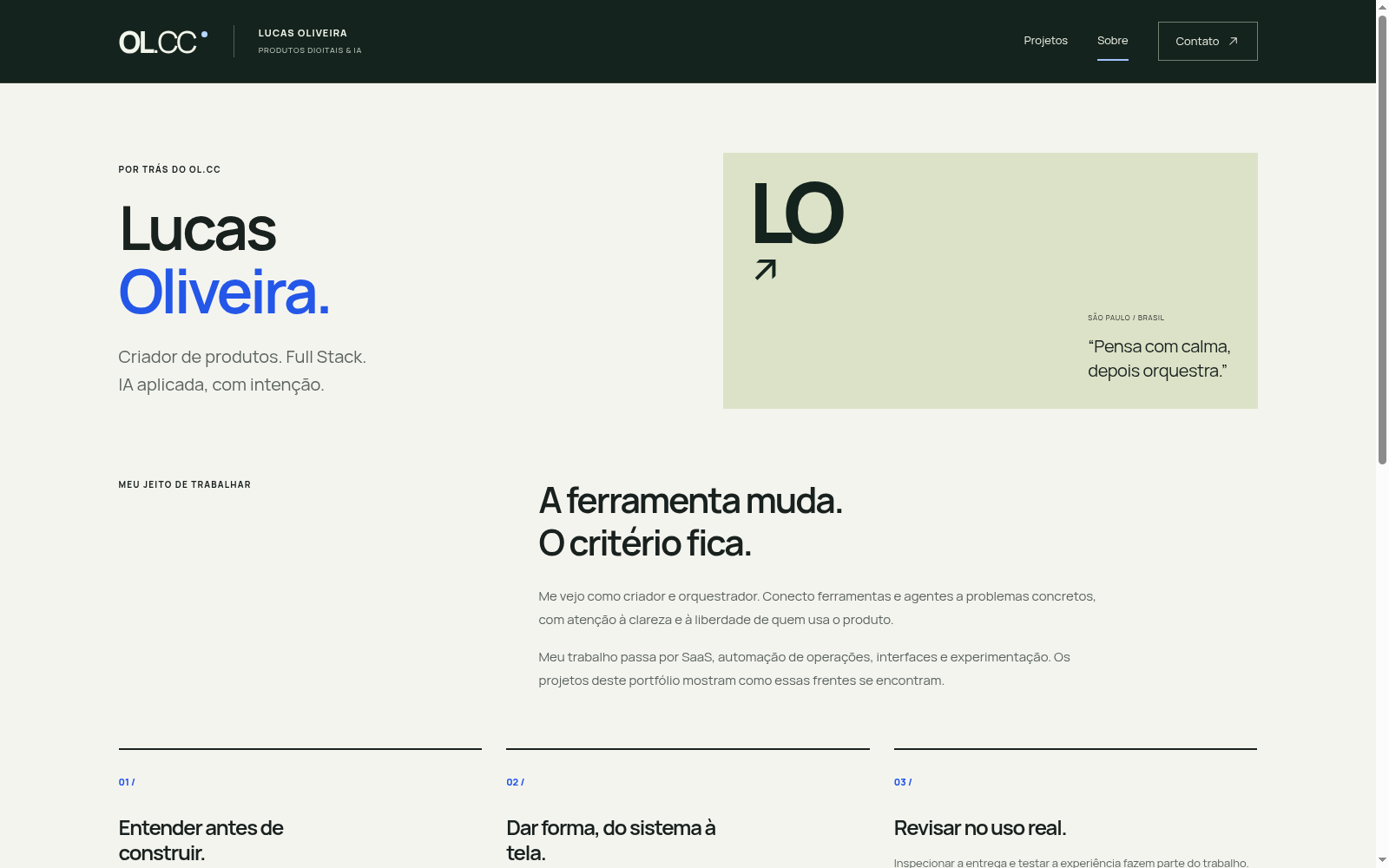 Seção sobre Lucas Oliveira, com sua identidade e descrição do modo de trabalhar