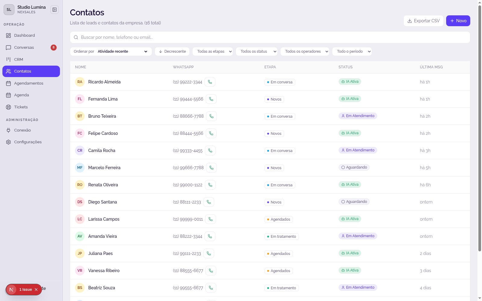 Lista de contatos do NexSales com etapa do funil, status da IA e última mensagem