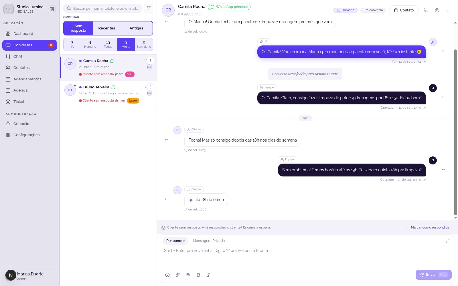 Inbox de conversas do NexSales mostrando conversa com cliente, resposta da IA e banner de cliente sem resposta