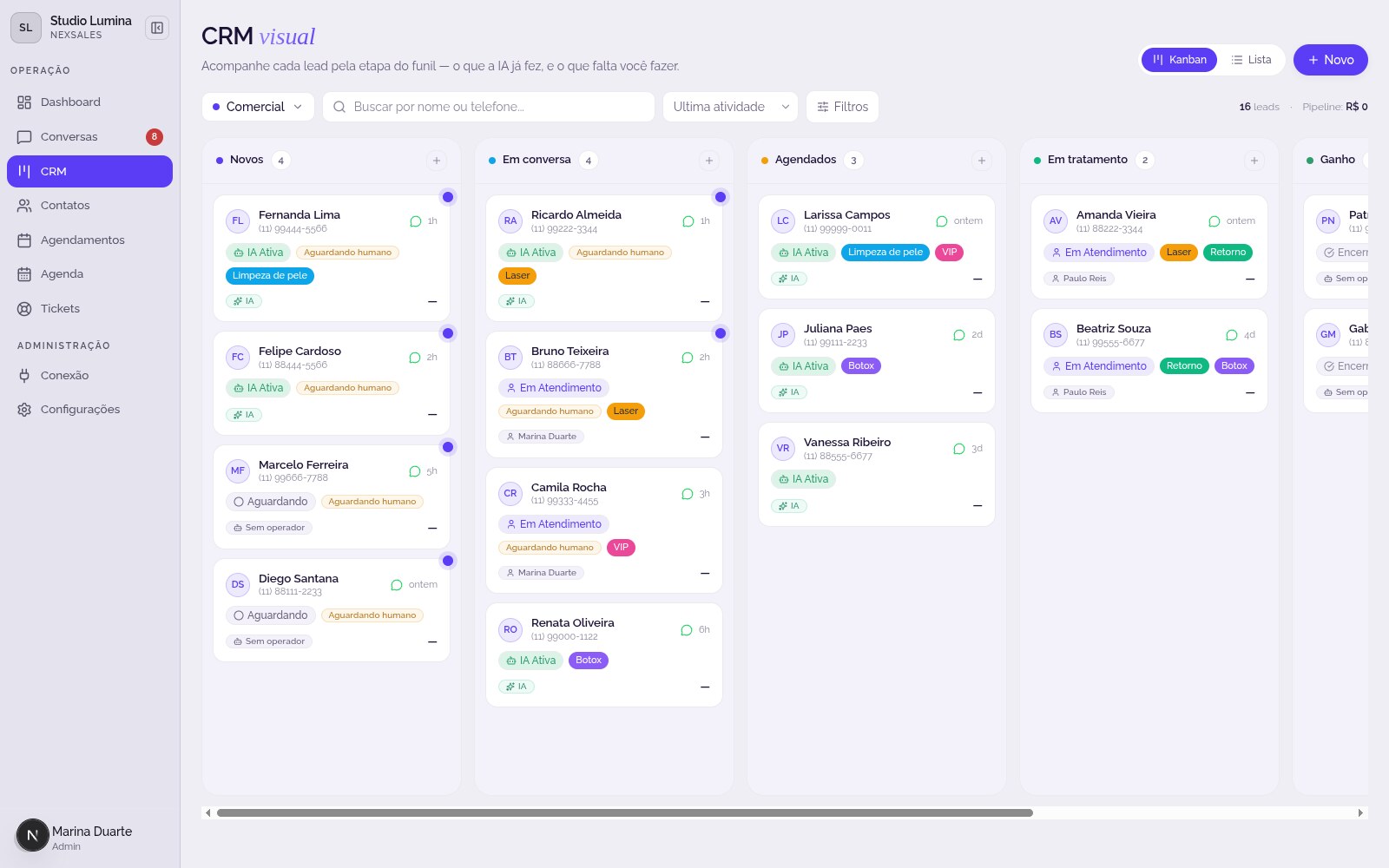 Kanban do CRM do NexSales com leads distribuídos nas etapas do funil