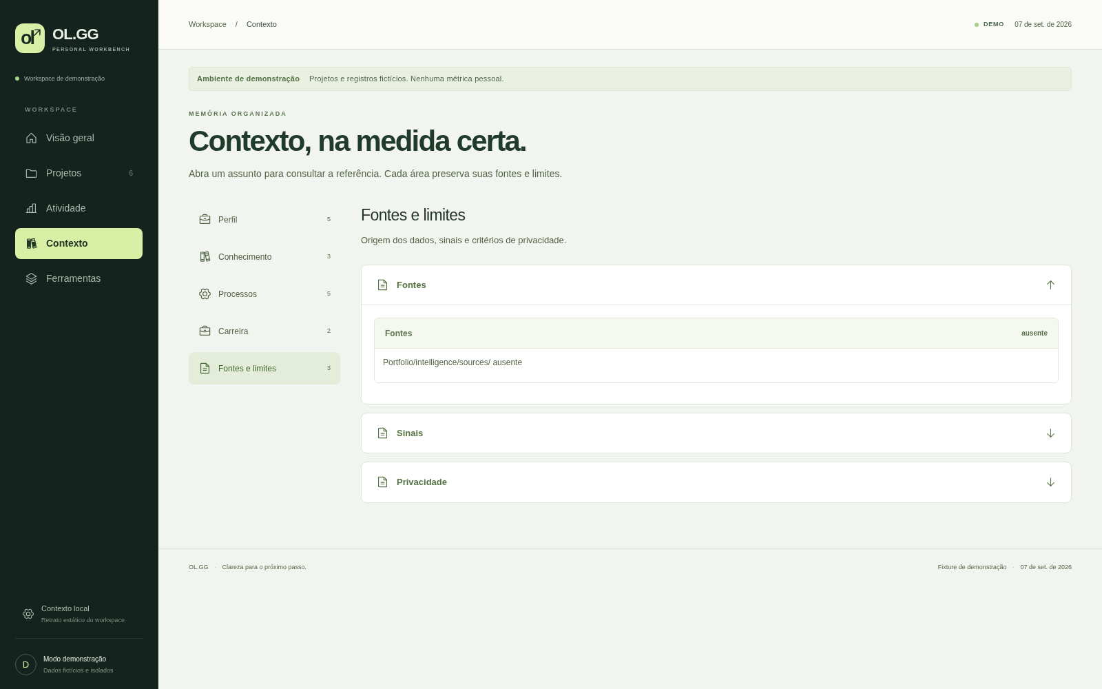 Área de fontes, sinais e privacidade em blocos separados