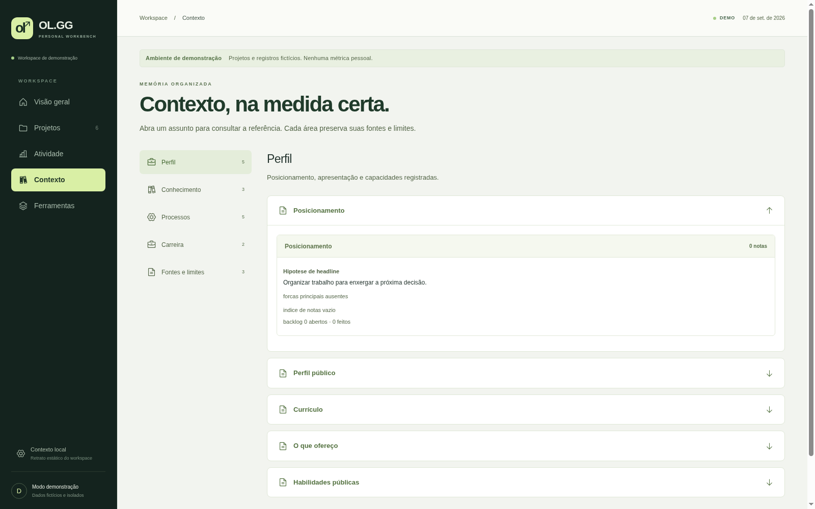 Área Perfil com posicionamento fictício e blocos para currículo e habilidades