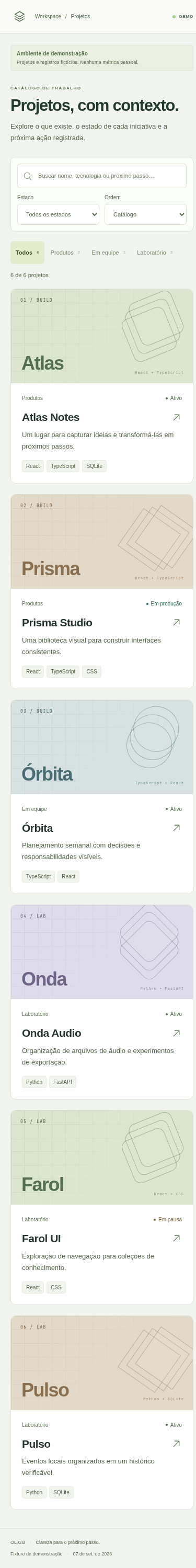 Catálogo de projetos do OL.GG em tela de celular, com busca e filtros responsivos