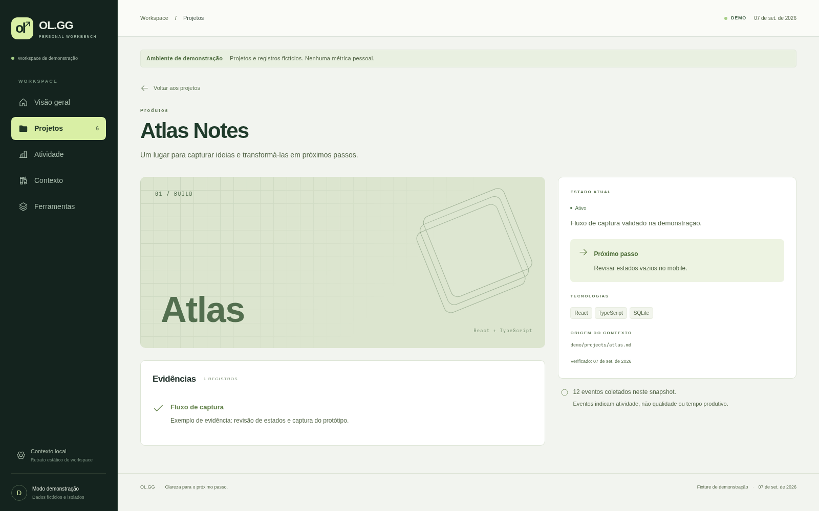 Detalhe do projeto fictício Atlas Notes, com estado, próxima ação, tecnologias e evidência