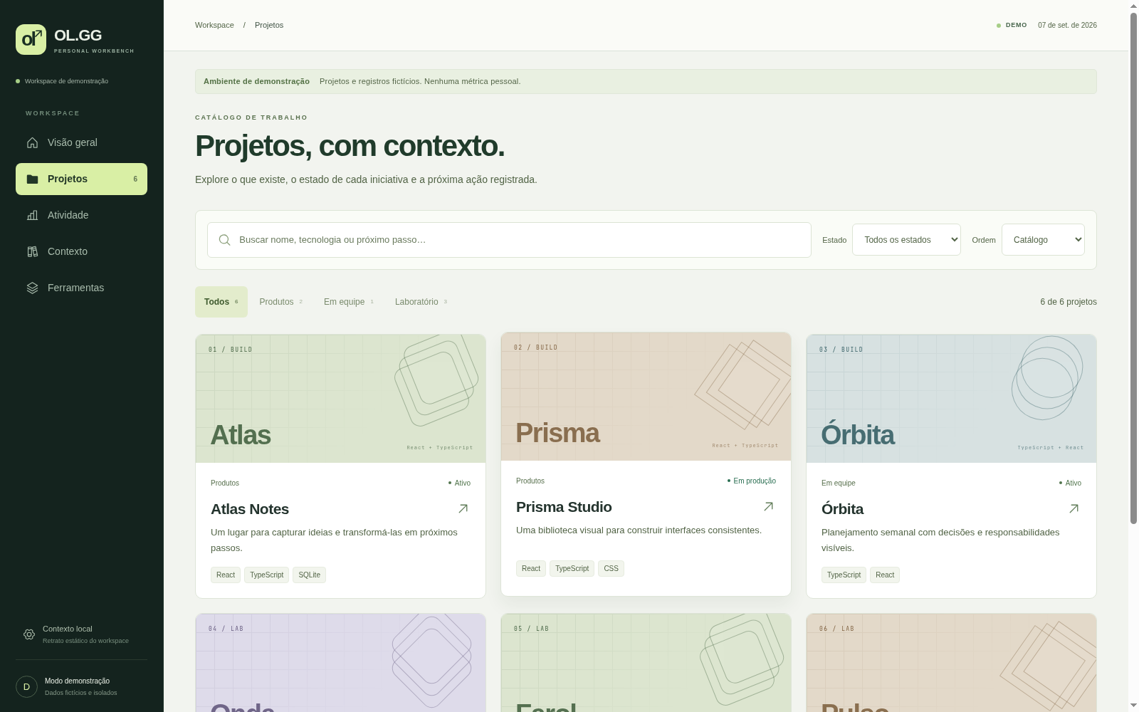 Catálogo de projetos com busca, categorias, filtro de estado e ordenação