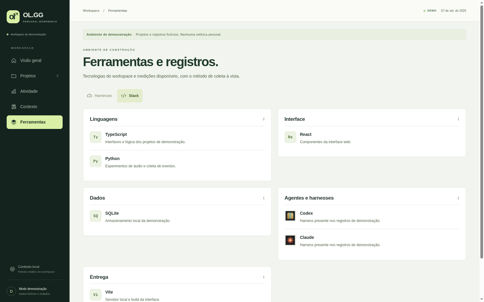 Stack agrupada em linguagens, interface, dados, agentes e entrega