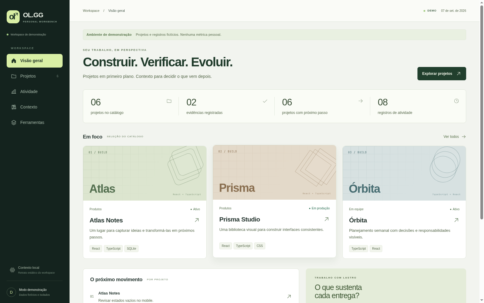 Visão geral do OL.GG com seis projetos fictícios, dois registros de evidência e projetos em foco